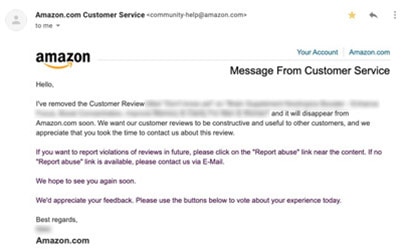 Screenshot of an email from Amazon.com Customer Service informing the recipient that their review has been removed for not meeting guidelines, with instructions on reporting violations and providing feedback.