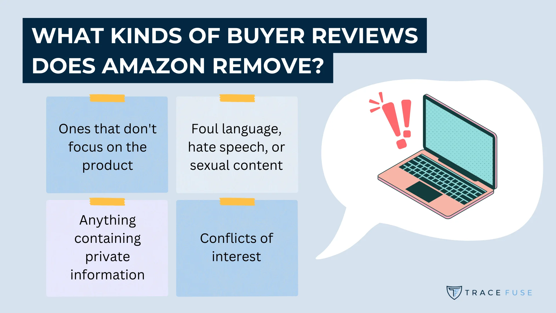 Infographic titled "what kinds of buyer reviews does amazon remove? " showing categories: off-topic, foul language, private information, and conflicts of interest, illustrated with a laptop.