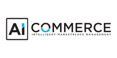 AI Commerce logo with the slogan Intelligent Marketplace Management. The AI is in a square box, and two blue arrows form partial circles within the letters A and O.