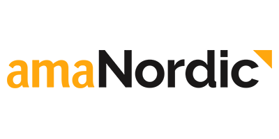 Logo with the text “amaNordic”; “ama” is in bold orange letters and “Nordic” is in bold black letters, with a small orange triangle above the letter c.