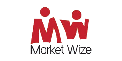 Logo with stylized red letters MW resembling figures, above the text Market Wize in black font.