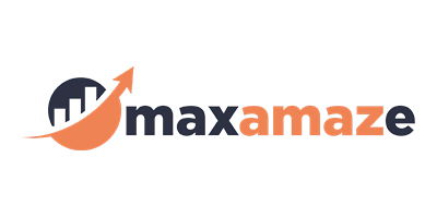 The Maxamaze logo features an orange upward arrow forming a curve around dark bars, resembling a chart, with the brand name maxamaze in bold letters, max in dark blue and amaze in orange.