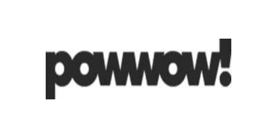 The image shows the word powwow! in bold, black, lowercase letters with an exclamation mark at the end.