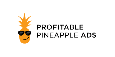 Logo for Profitable Pineapple Ads featuring a smiling pineapple with sunglasses on the left and the company name in bold black text to the right.