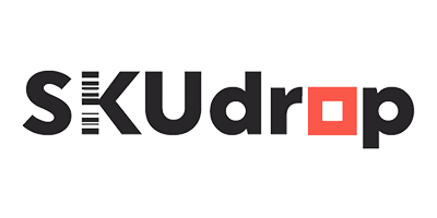Logo for SKUdrop with SKU in bold black letters, vertical barcode lines in the K, and drop in lowercase, with the o as a red square containing a cut-out center.
