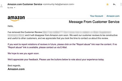 Amazon review removed email example 5