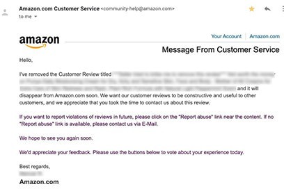 Amazon review removed email example 6