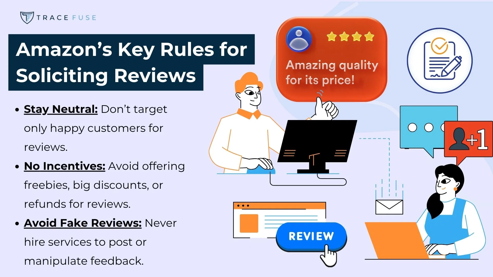 A graphic detailing amazon’s rules for soliciting reviews: be neutral, offer no incentives, and avoid fake reviews. Illustrated with people at computers, review icons, and text explaining the three key guidelines.