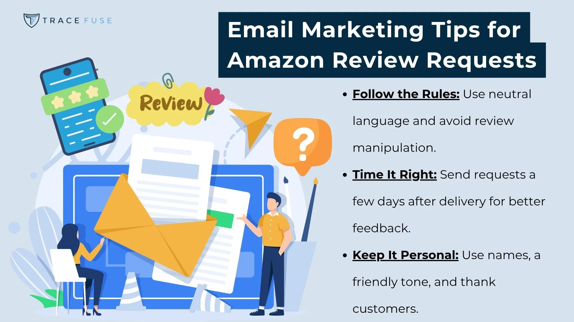 Infographic titled email marketing tips for amazon review requests with icons of emails, stars, and a clipboard. Three tips are listed: follow the rules, time requests well, and keep messages personal and friendly.
