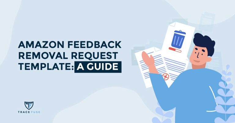 Illustration of a person holding documents next to the text amazon feedback removal request template: a guide. The background features leaf designs, and one document has a trash can icon.