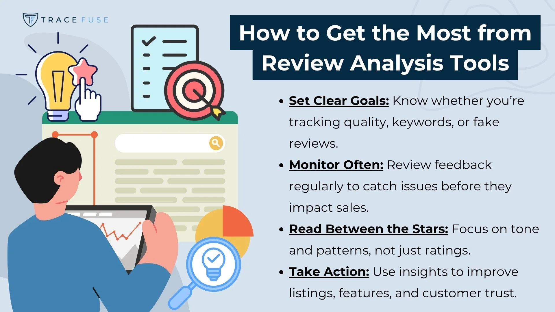 An illustration showing tips for making the most of review analysis tools, with icons and a checklist. Tips include: set clear goals, monitor often, read between the stars, and take action based on insights.