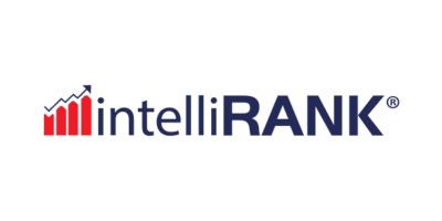 Logo for intelliRANK featuring a red bar chart with an upward arrow on the left, followed by the word intelliRANK in blue, with RANK in bold uppercase letters.