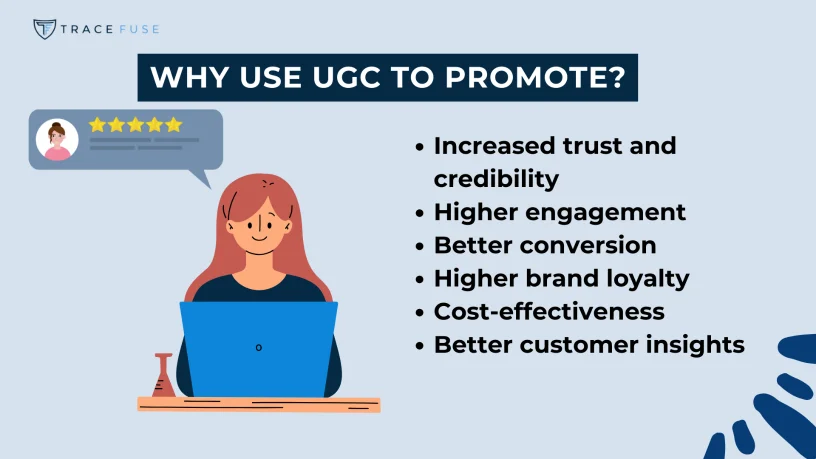 Illustration of a person using a laptop with a review and star rating. Text highlights benefits of using ugc: increased trust, higher engagement, better conversion, brand loyalty, cost-effectiveness, and customer insights. Logo trace fuse is present.