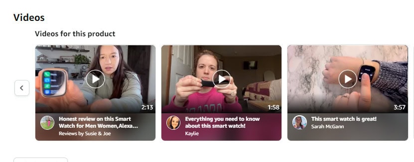 A screenshot displays three video thumbnails. Each features a person holding a smartwatch. The titles read: honest review on this smart watch, everything you need to know about this smart watch, and this smart watch is great!.