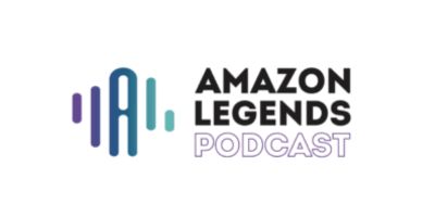 Logo for Amazon Legends Podcast with stylized vertical lines forming AL on the left in blue and purple. The podcast name appears on the right, with PODCAST in purple outlined text.