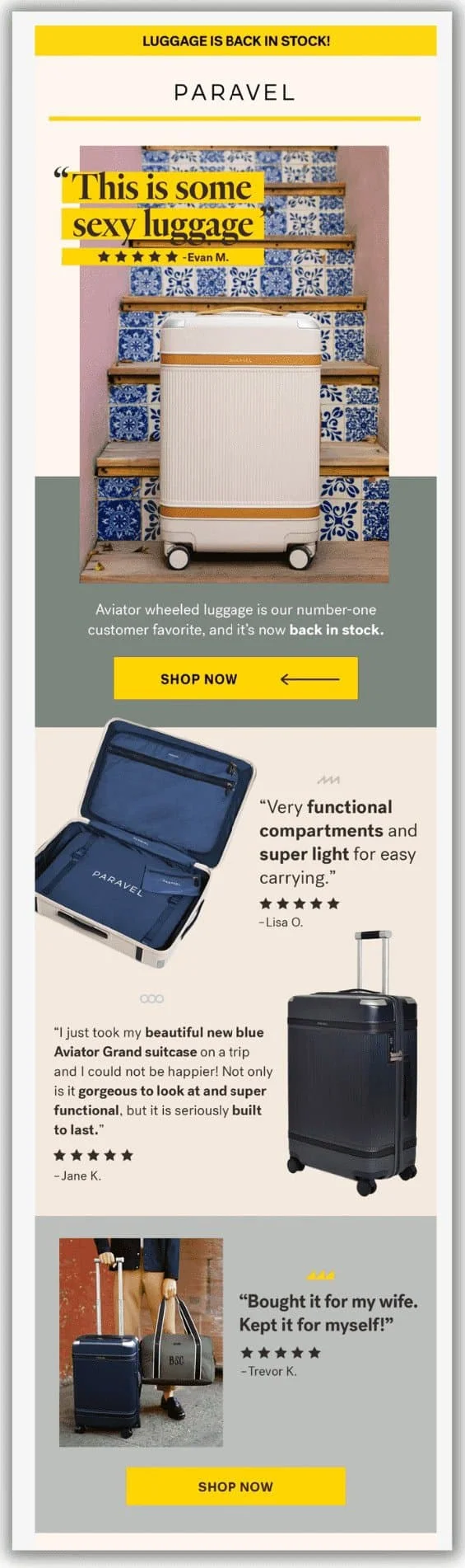 Advertisement for paravel luggage featuring images of a cream-colored suitcase on tile stairs, a dark blue opened suitcase, and a black suitcase. Quotes from customers praise the luggage’s functionality and style. Headers emphasize the product is back in stock.
