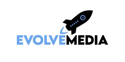 Logo for Evolve Media with a blue and black rocket above the text. EVOLVE is in blue, MEDIA in black, and a rocket replaces the letter L in EVOLVE. The rocket has a circular window and three stars.