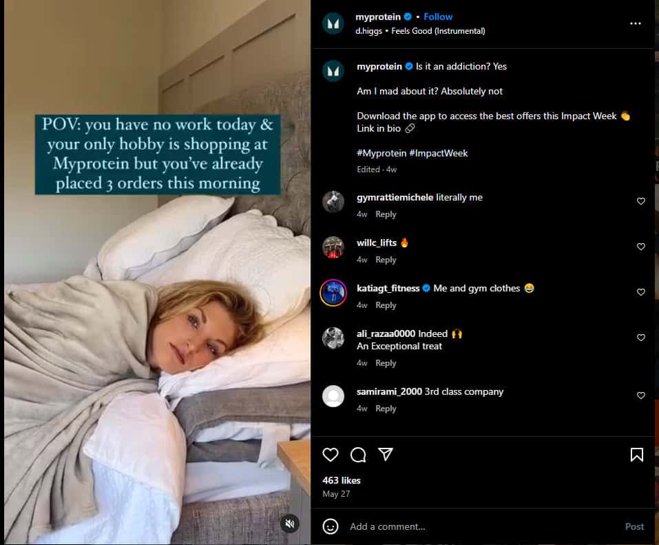 A woman lies in bed under a white duvet, looking relaxed. Text on the image reads: pov: you have no work today & your only hobby is shopping at myprotein but youve already placed 3 orders this morning. Instagram interface with comments is visible.