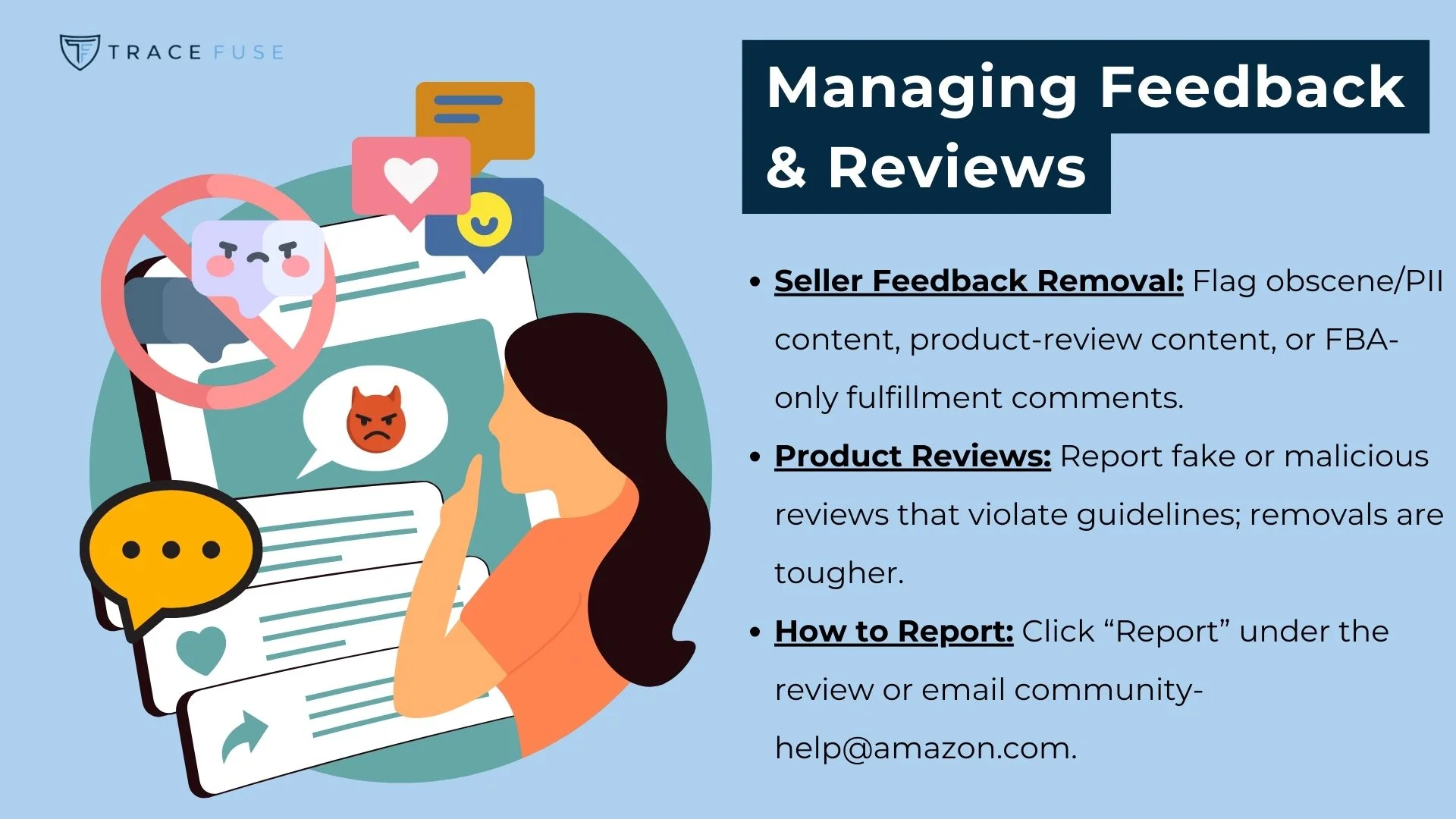 Infographic titled managing feedback & reviews with tips on removing seller feedback, reporting fake product reviews, and instructions on how to report issues, alongside an illustration of a person reviewing feedback on a large checklist.
