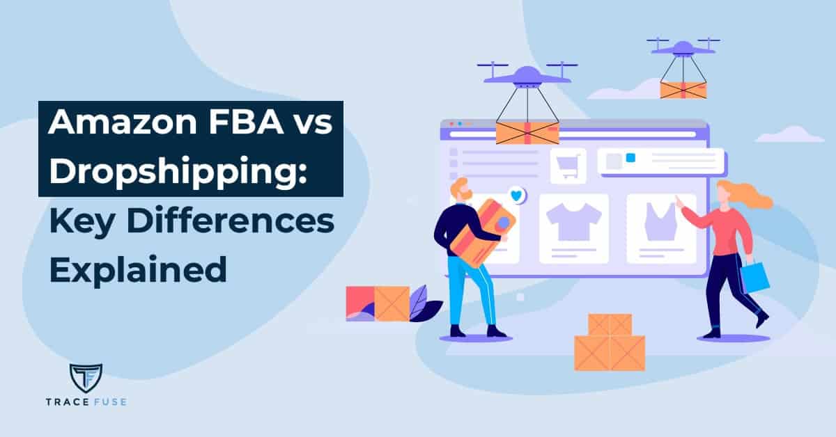 Illustration comparing Amazon FBA and Dropshipping. It shows two people with packages and a computer screen displaying clothing items. Drones carrying packages are in the sky. Text reads: Amazon FBA vs Dropshipping: Key Differences Explained.