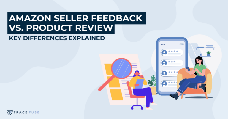 Illustration showing a person reading feedback on a tablet and another writing at a desk. Text reads amazon seller feedback vs. Product review: key differences explained. Background features abstract shapes. Logo for tracefuse at the bottom left.