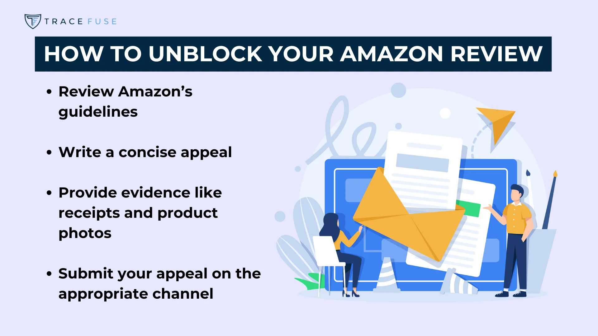 Illustration of two people working on a computer with a checklist titled how to unblock your amazon review. Steps include reviewing guidelines, writing an appeal, providing evidence, and submitting on the correct channel.