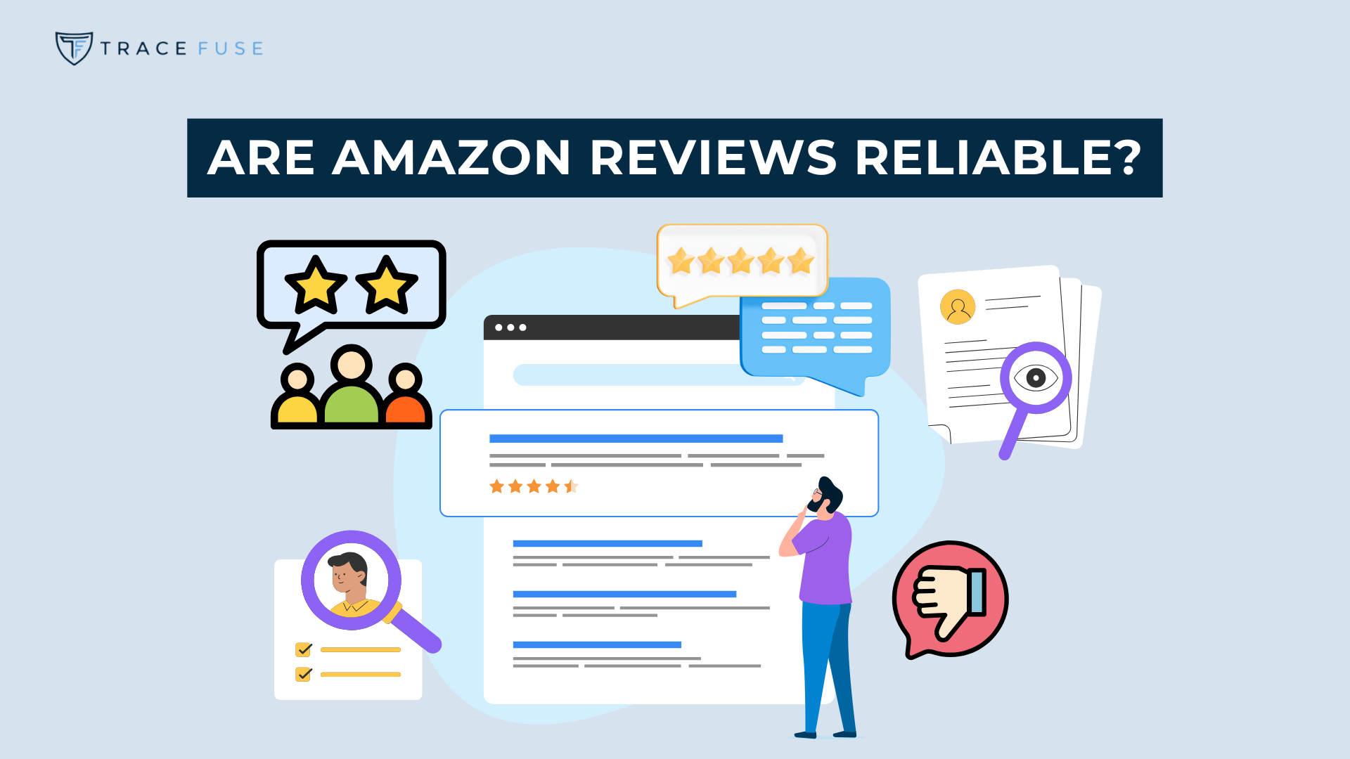 A featured image for the article "Are Amazon Reviews Reliable?" showing a person looking at different reviews and ratings online.