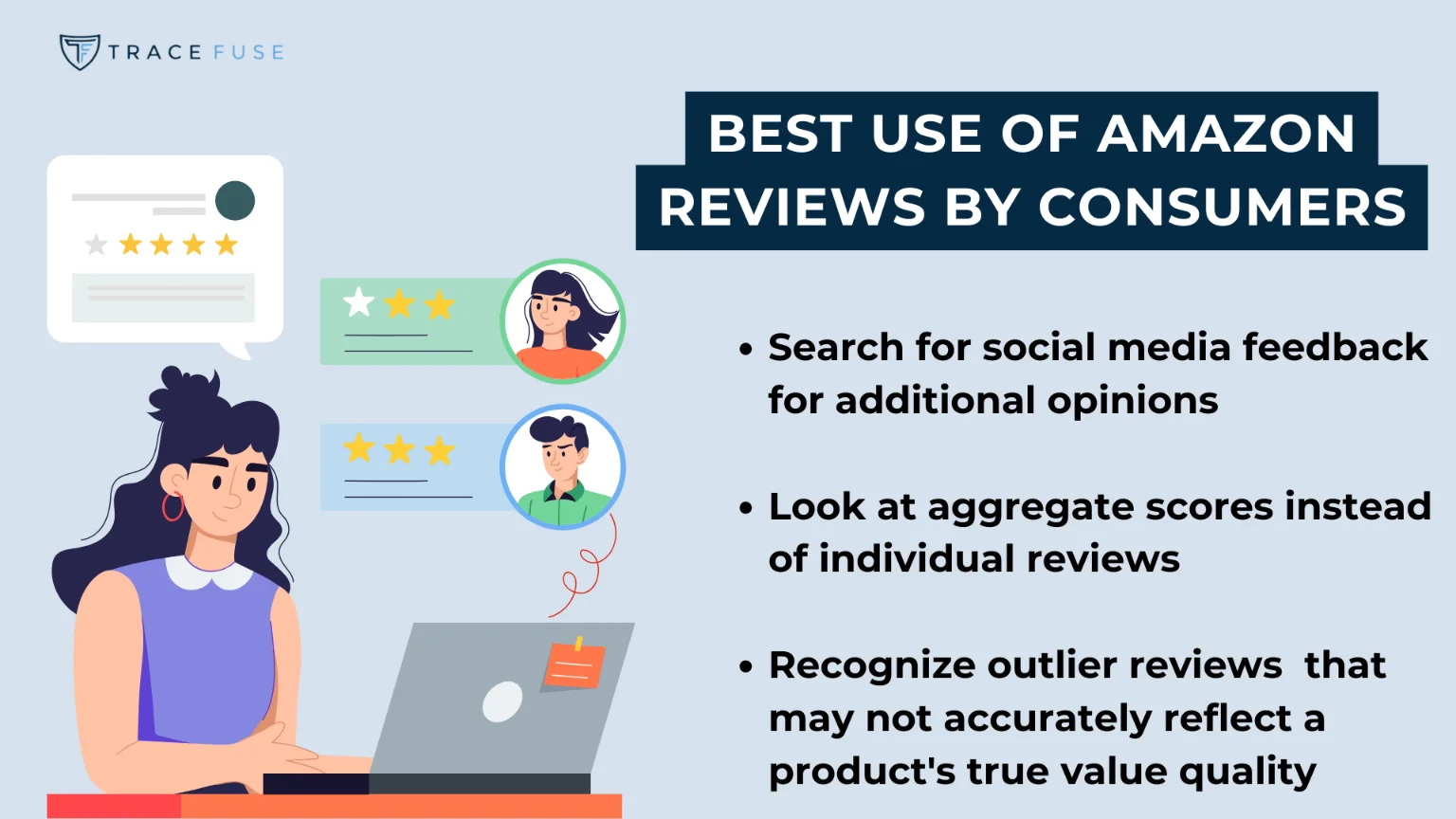 A woman works on a laptop with review icons nearby. Text beside her lists tips: search for social media feedback, check aggregate scores, and recognize outlier reviews may not reflect a product’s true value.