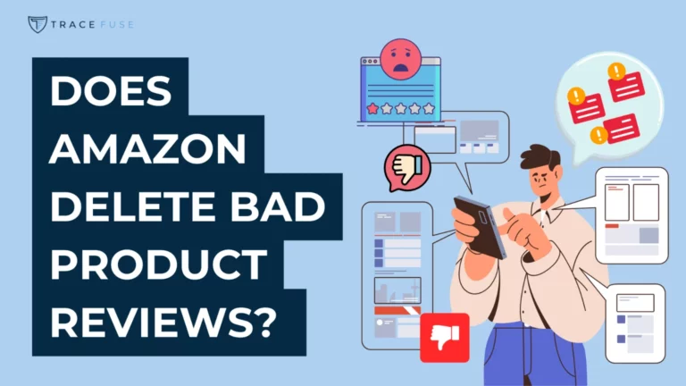 A featured image for an article entitled "does amazon delete bad product reviews? ", showing a man looking at negative reviews on his phone.