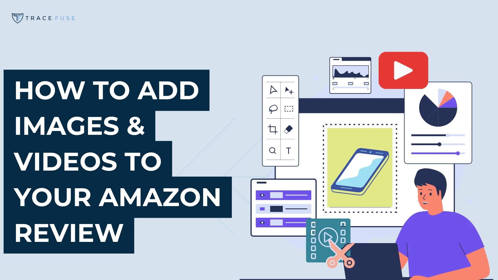 Featured image for an article entitled "How To Add Images & Videos To Your Amazon Review" showing an image of a man editing a photo of a phone on his computer.