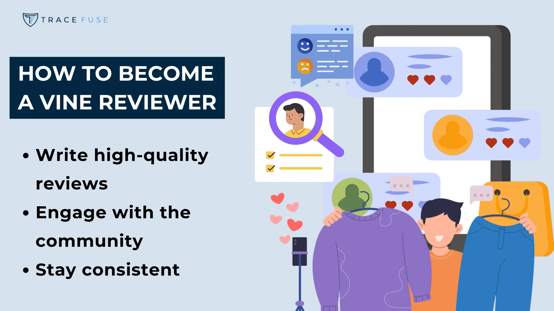 Infographic with tips on how to become a vine reviewer featuring an image of a person reviewing apparel online and making review content for it.