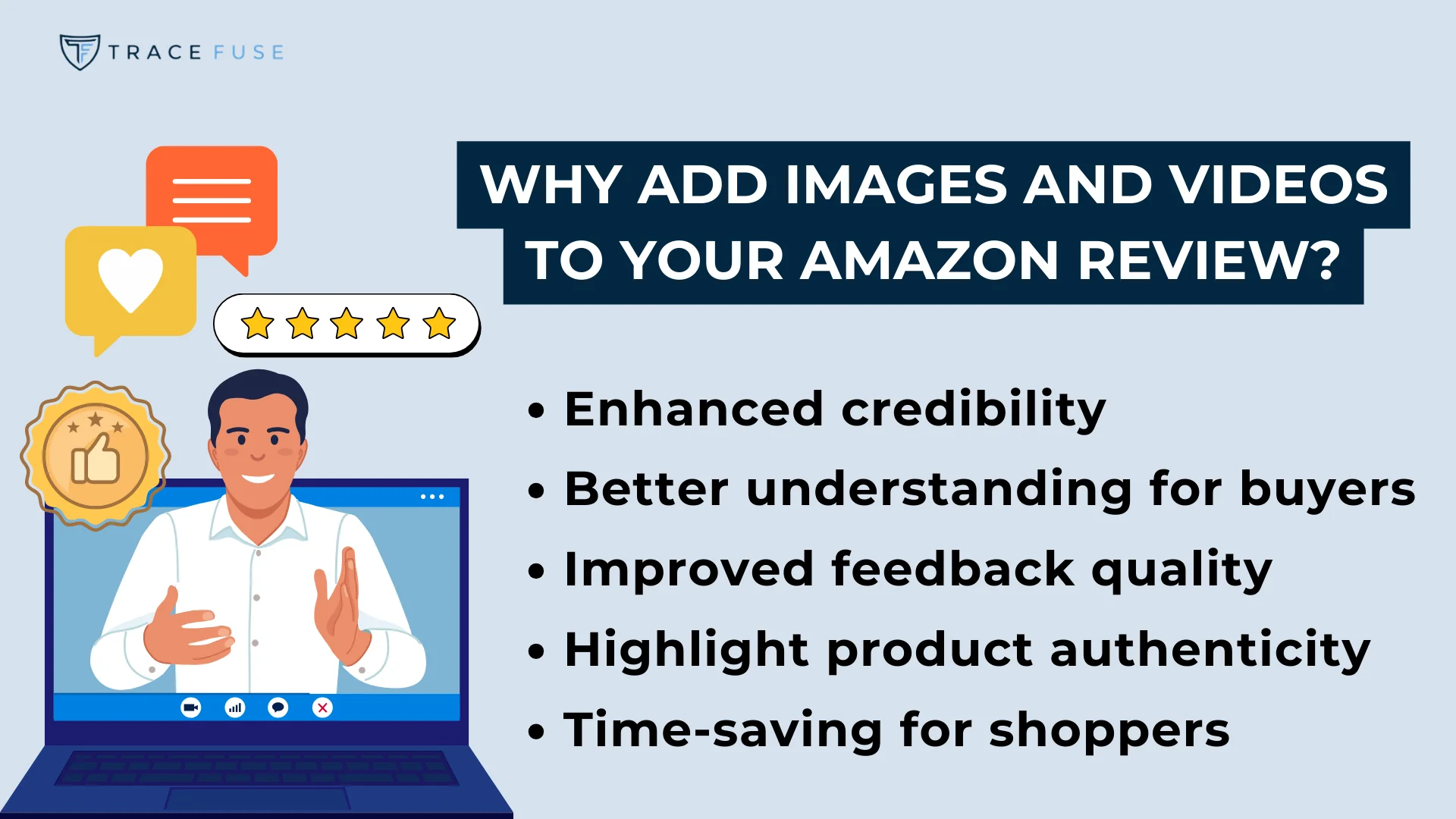 Illustration of a person on a laptop screen giving a thumbs up, with a speech bubble and star icons. Text reads why add images and videos to your amazon review? Followed by benefits like enhanced credibility and improved feedback quality.