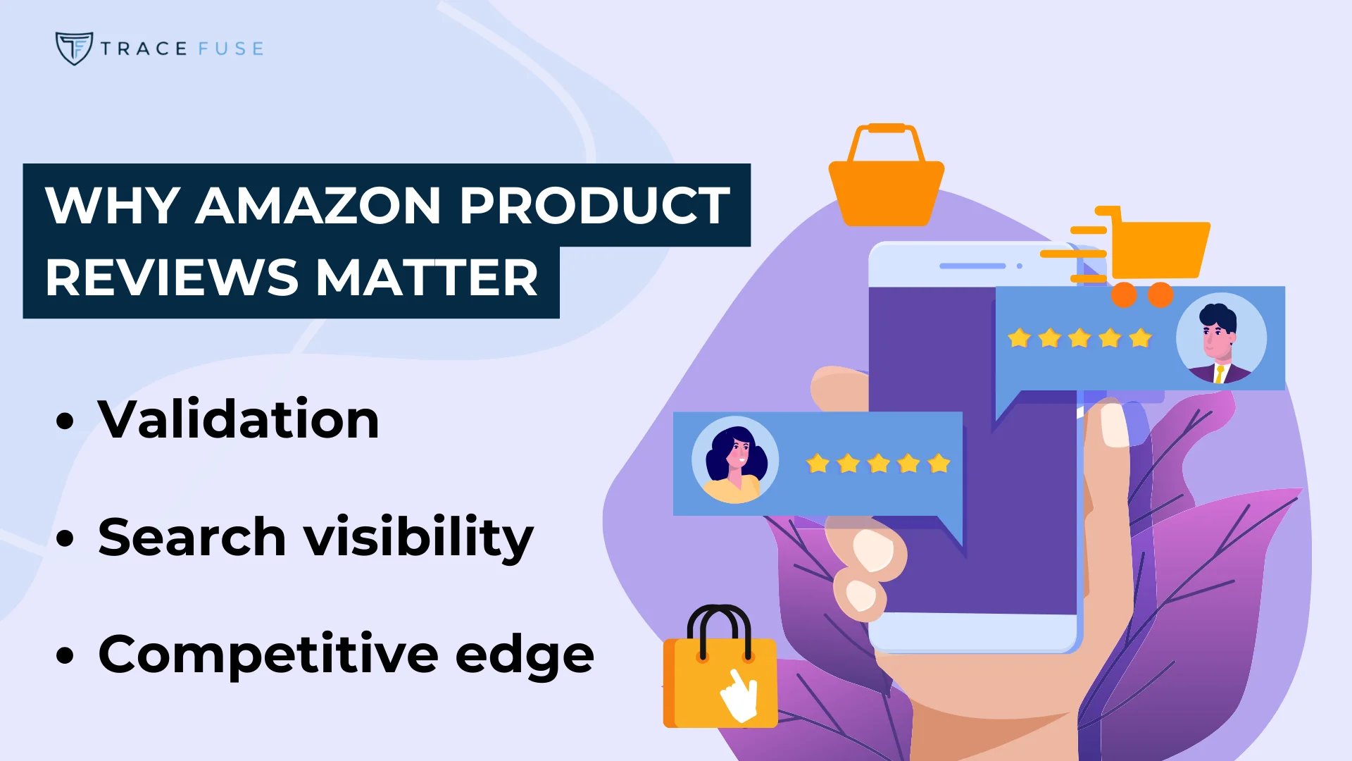 An inforgraphic listing the reasons why amazon product reviews matter, featuring an image of someone's hand scrolling through online reviews on their phone.