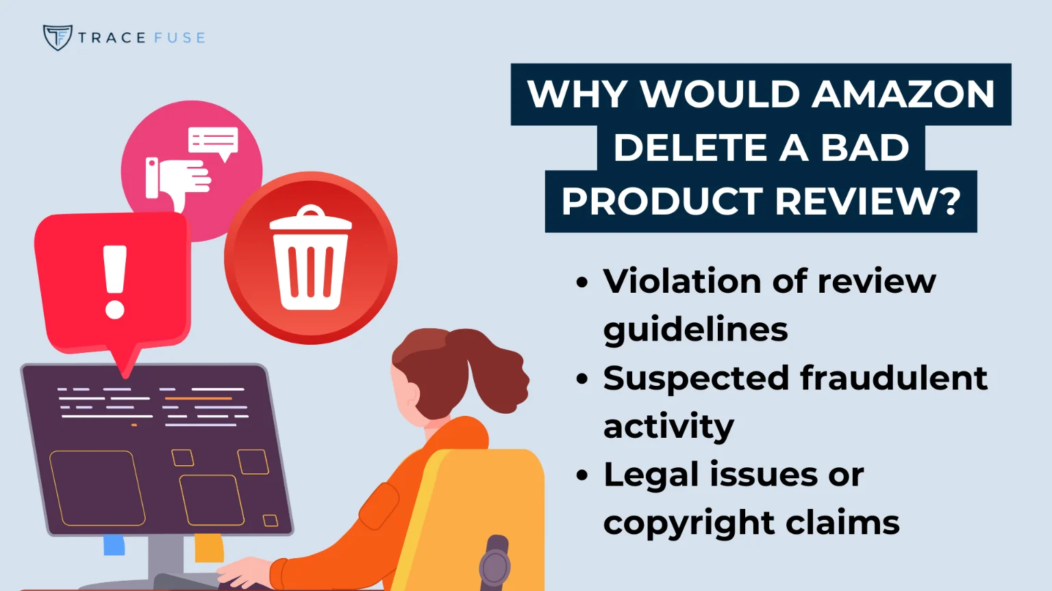 A person sits at a desk using a computer, with icons of a chat bubble and a trash can above. Text reads: why would amazon delete a bad product review? With three bullet points listing possible reasons.