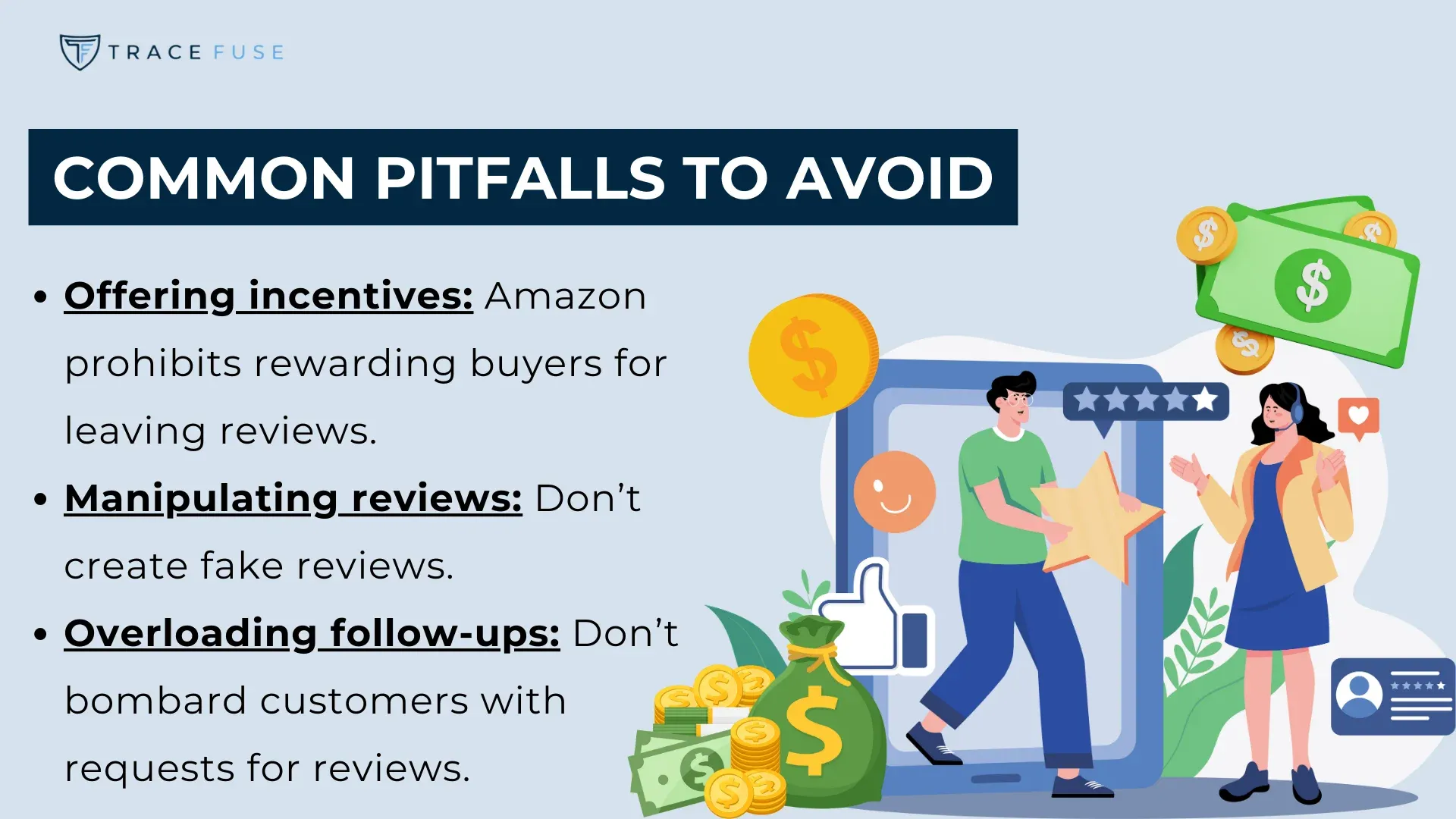 Illustration of a person giving a star rating with money symbols around. Text discusses common pitfalls like offering incentives, manipulating reviews, and overloading follow-ups, with guidelines on avoiding these practices in e-commerce.