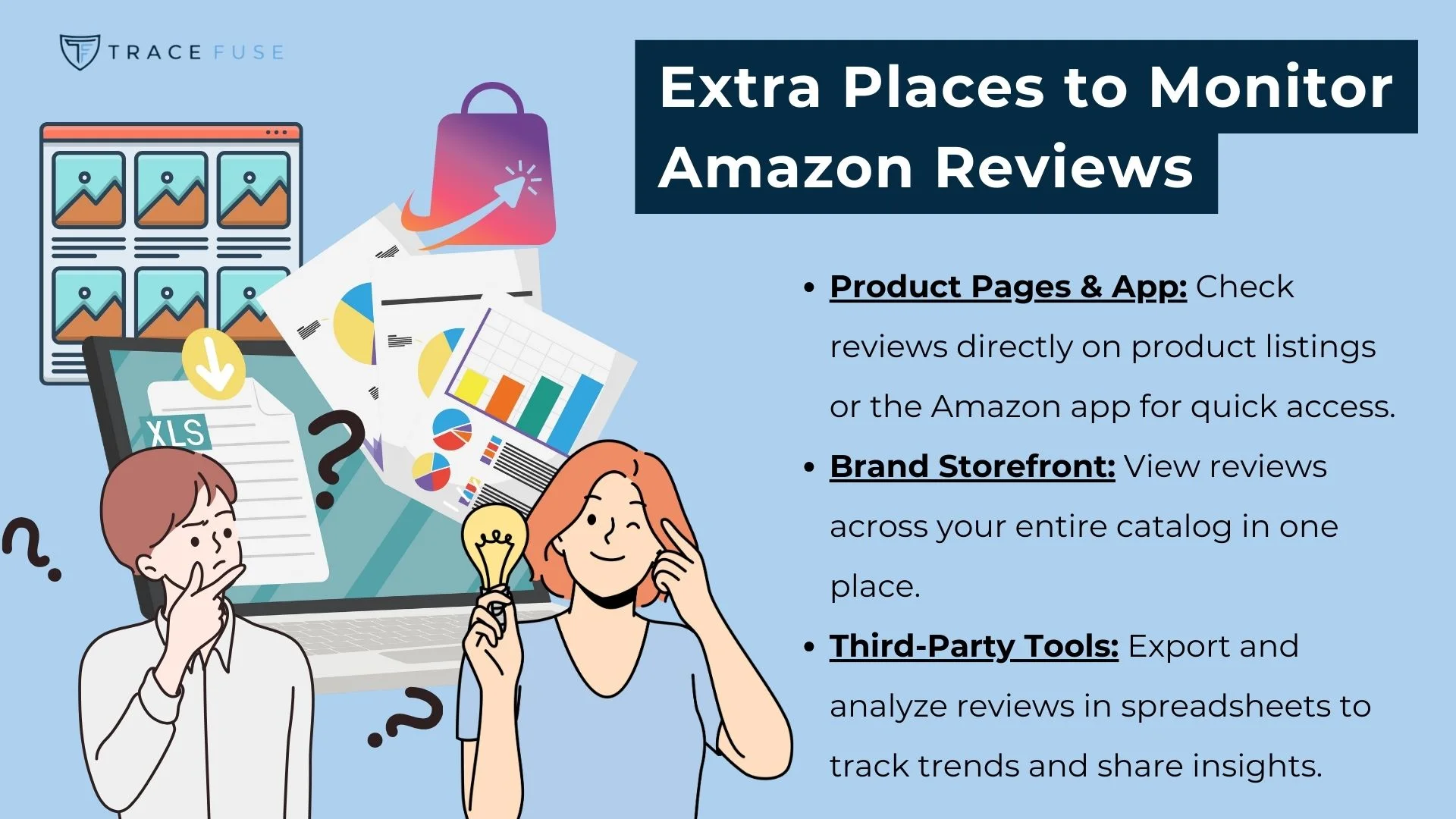 A woman holding a lightbulb stands near charts, graphs, and a laptop, with the text: extra places to monitor amazon reviews and tips for monitoring on product pages, brand storefronts, and with third-party tools.