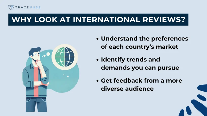 Illustration of a person pondering beside a globe. Text reads: why look at international reviews? Bulleted points: understand the preferences of each countrys market, identify trends and demands you can pursue, get feedback from a more diverse audience.