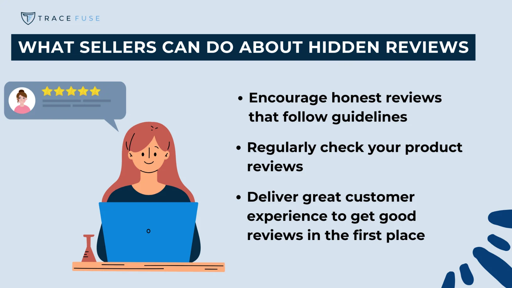 Illustration of a person with red hair using a laptop, alongside text tips for sellers about managing hidden reviews. Points include encouraging honest reviews, checking product reviews regularly, and delivering great customer experiences.