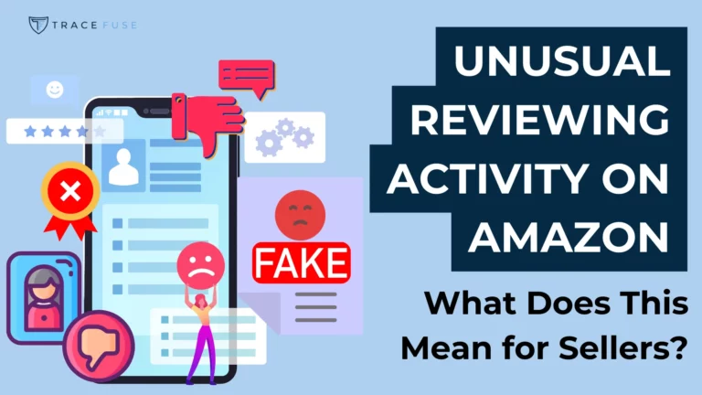 Illustration showing a giant smartphone with various icons like thumbs down, chat bubbles, gears, and a fake message. The text reads, unusual reviewing activity on amazon: what does this mean for sellers?.