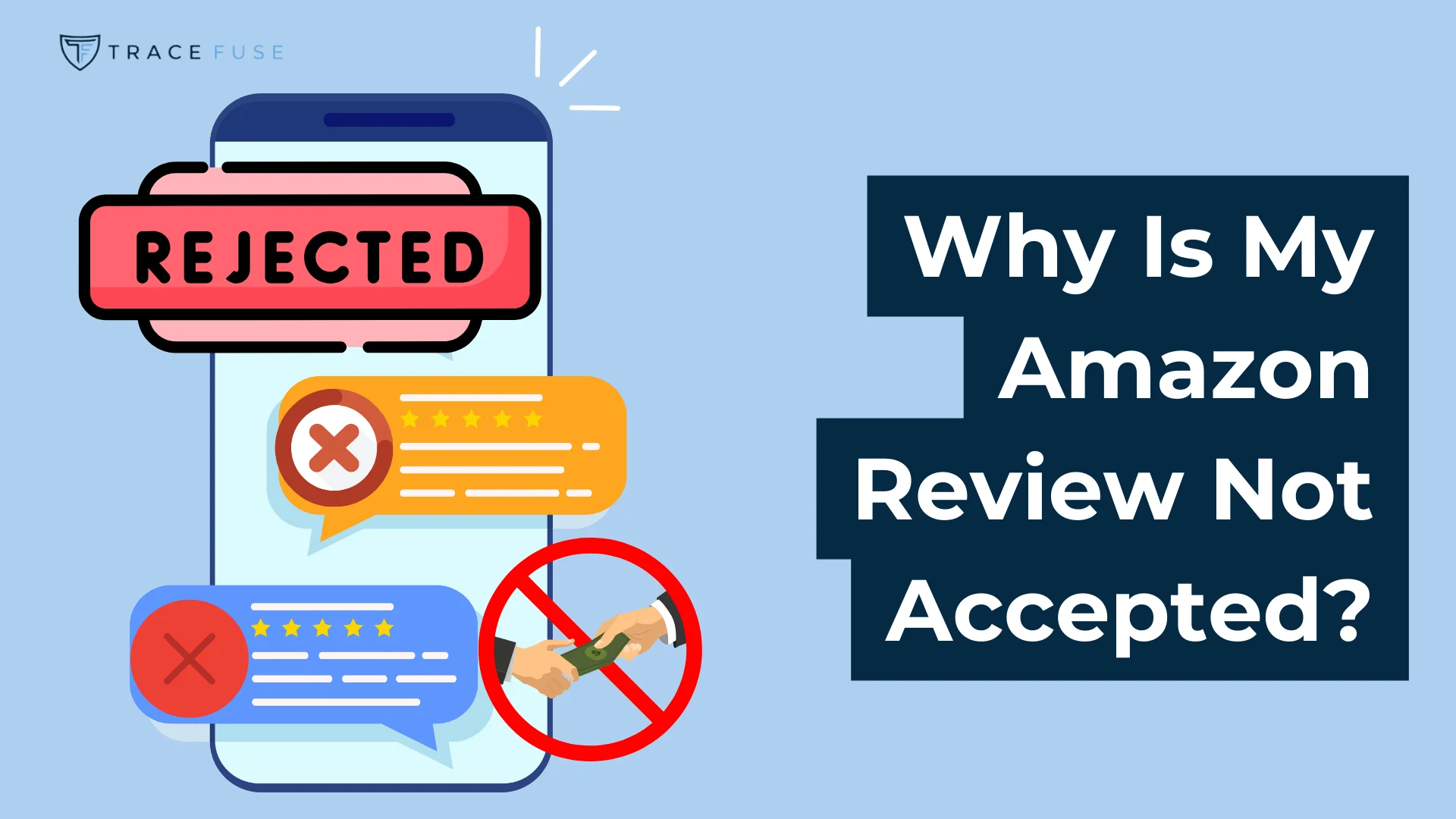 A smartphone screen displaying a REJECTED stamp along with various colored speech bubbles, one showing a crossed-out handshaking symbol. Text on the right reads, Why Is My Amazon Review Not Accepted?