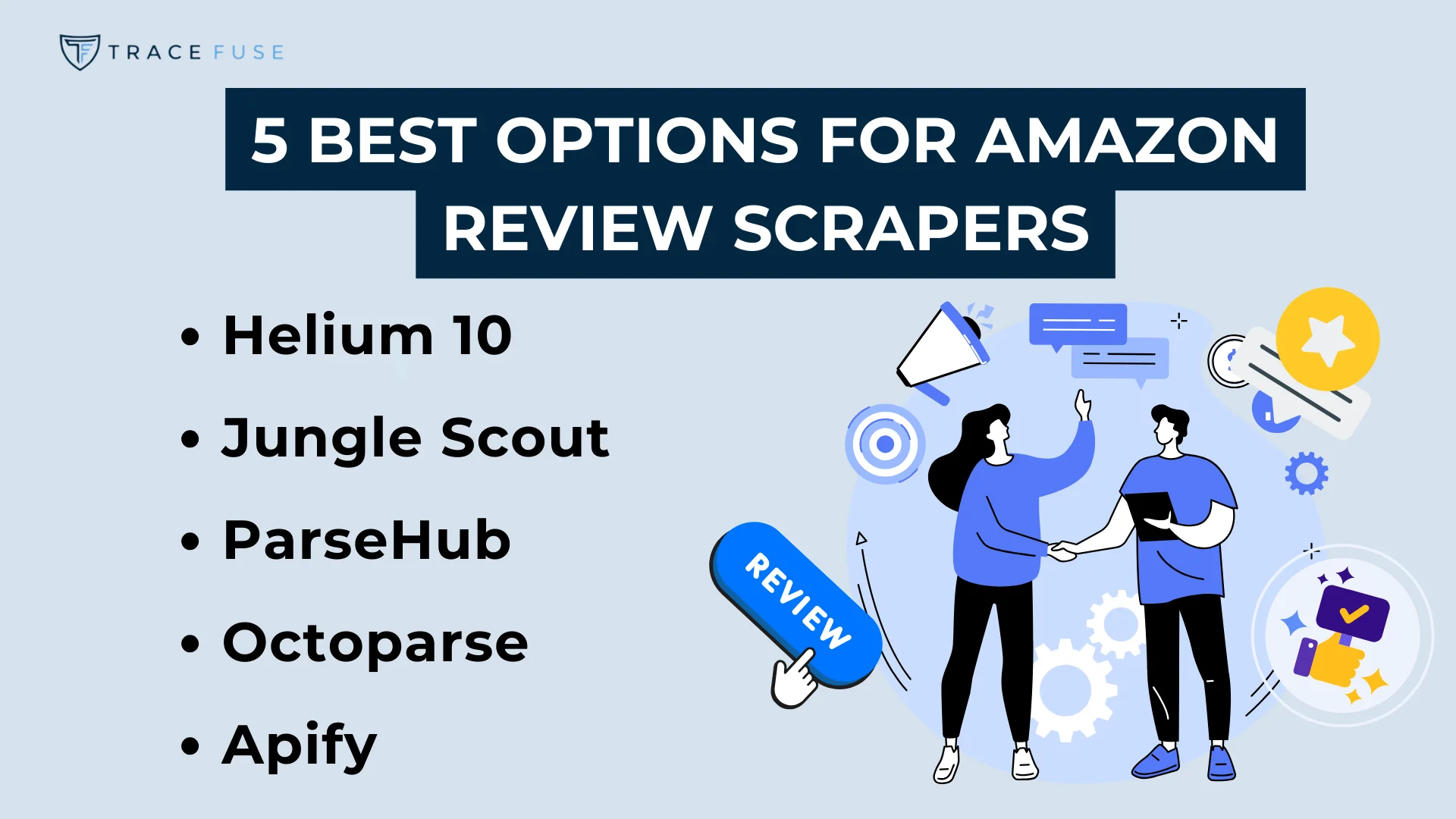Illustration showing two people shaking hands, surrounded by icons like gears and a megaphone. Text reads: 5 best options for amazon review scrapers listing helium 10, jungle scout, parsehub, octoparse, and apify.