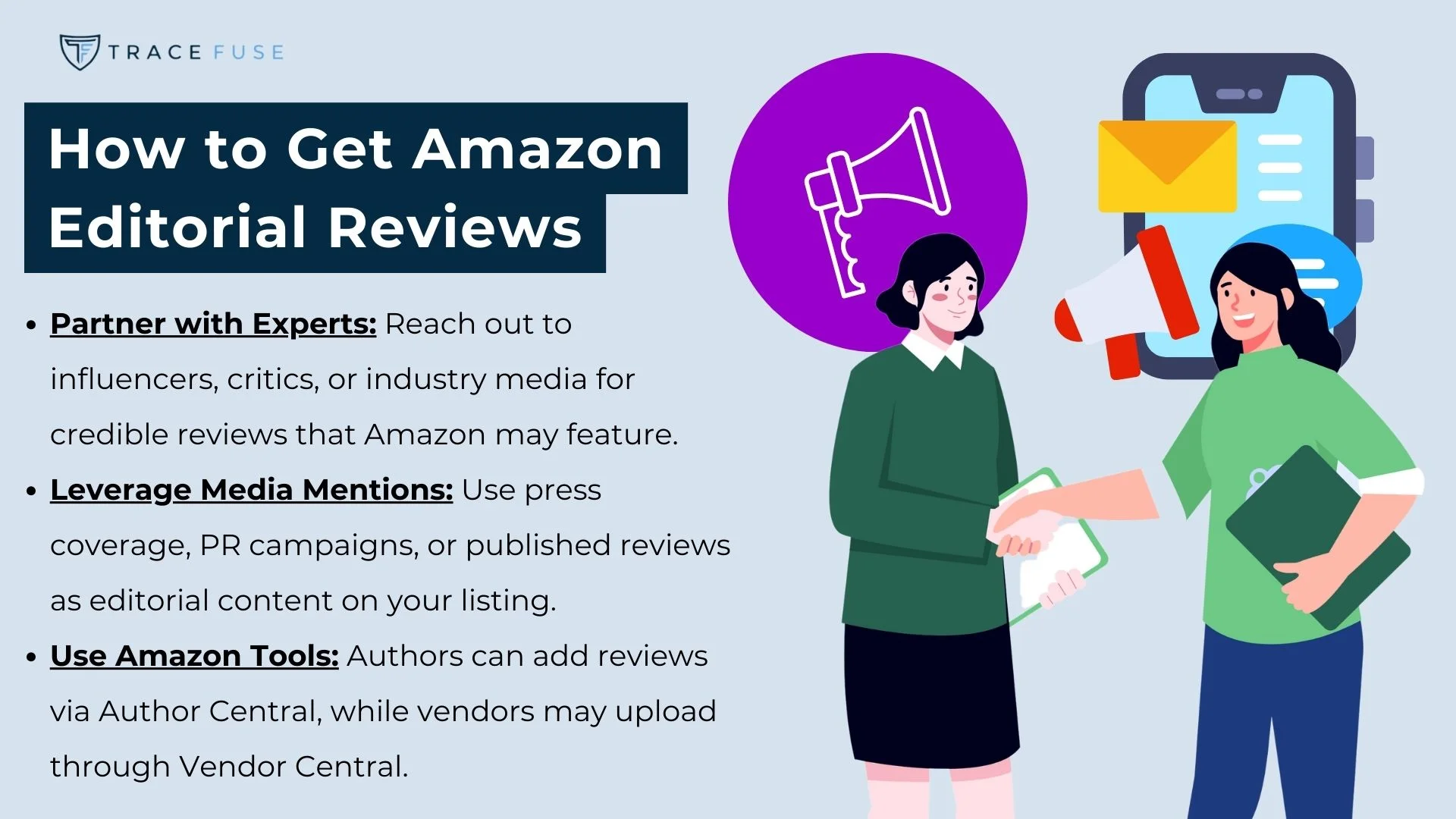 A graphic titled how to get amazon editorial reviews lists tips such as partnering with experts, leveraging media mentions, and using amazon tools. Next to the text, two people shake hands, with a megaphone and document icons above them.