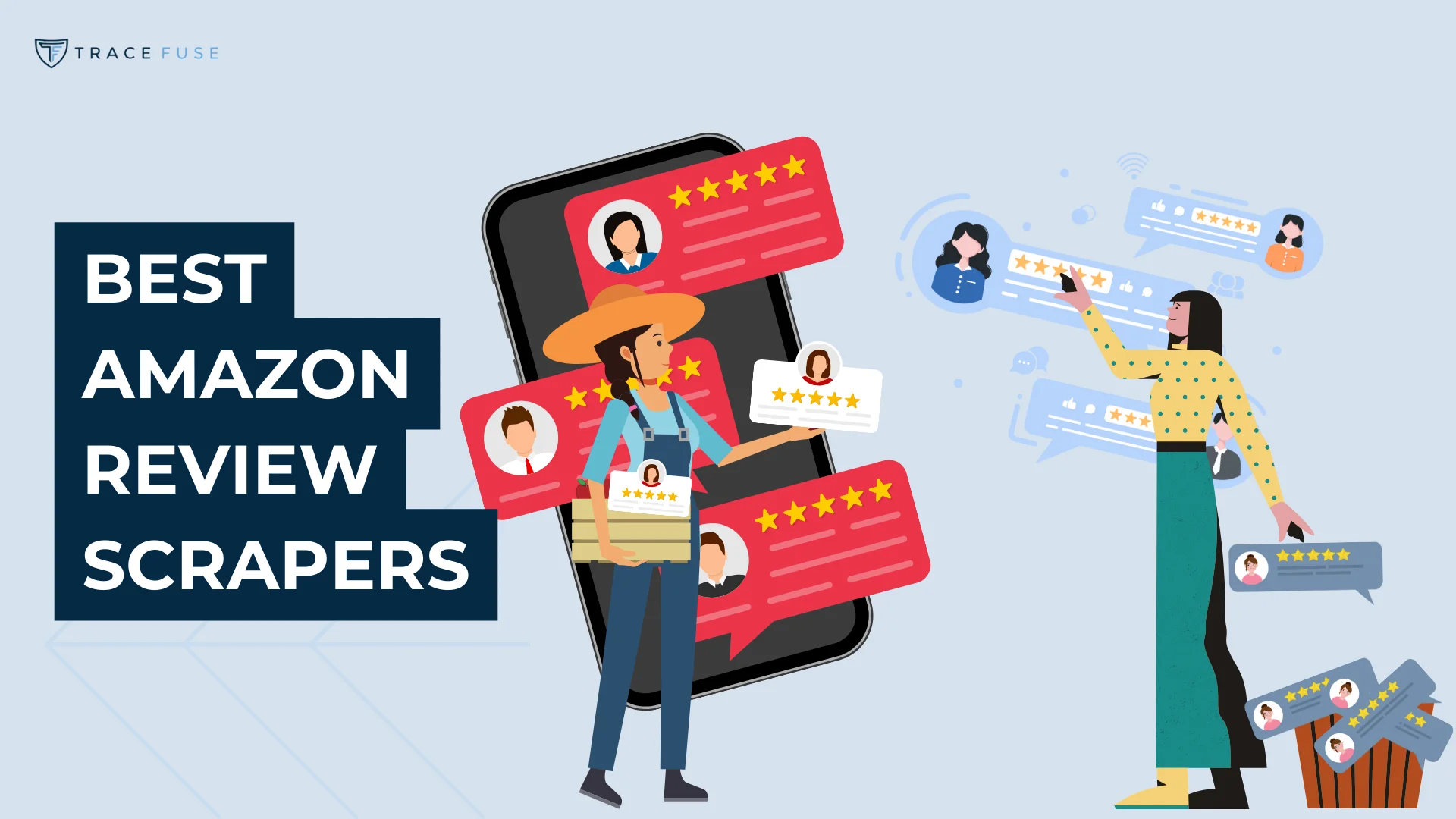 Illustration of two people interacting with oversized smartphone screens displaying user reviews and star ratings. Text reads Best Amazon Review Scrapers. The background is light blue with digital graphics of reviews and ratings floating around.