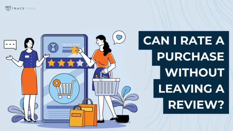Illustration of a woman shopping online, holding a basket and tapping a five-star rating on a large smartphone screen. Text reads, can i rate a purchase without leaving a review? Shopping bags are on the floor nearby.