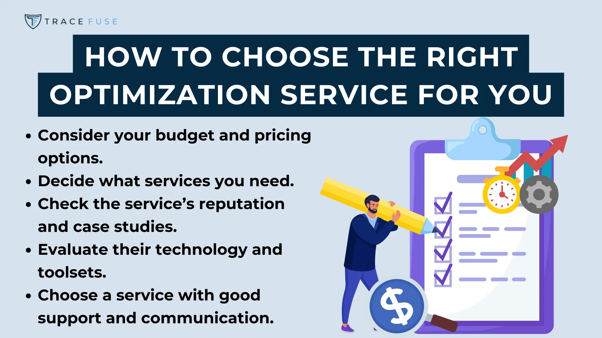 Illustration titled how to choose the right optimization service for you with a person examining a checklist. The list suggests considering budget, services, reputation, technology, and support. Features icons of a dollar sign, clock, and clipboard.