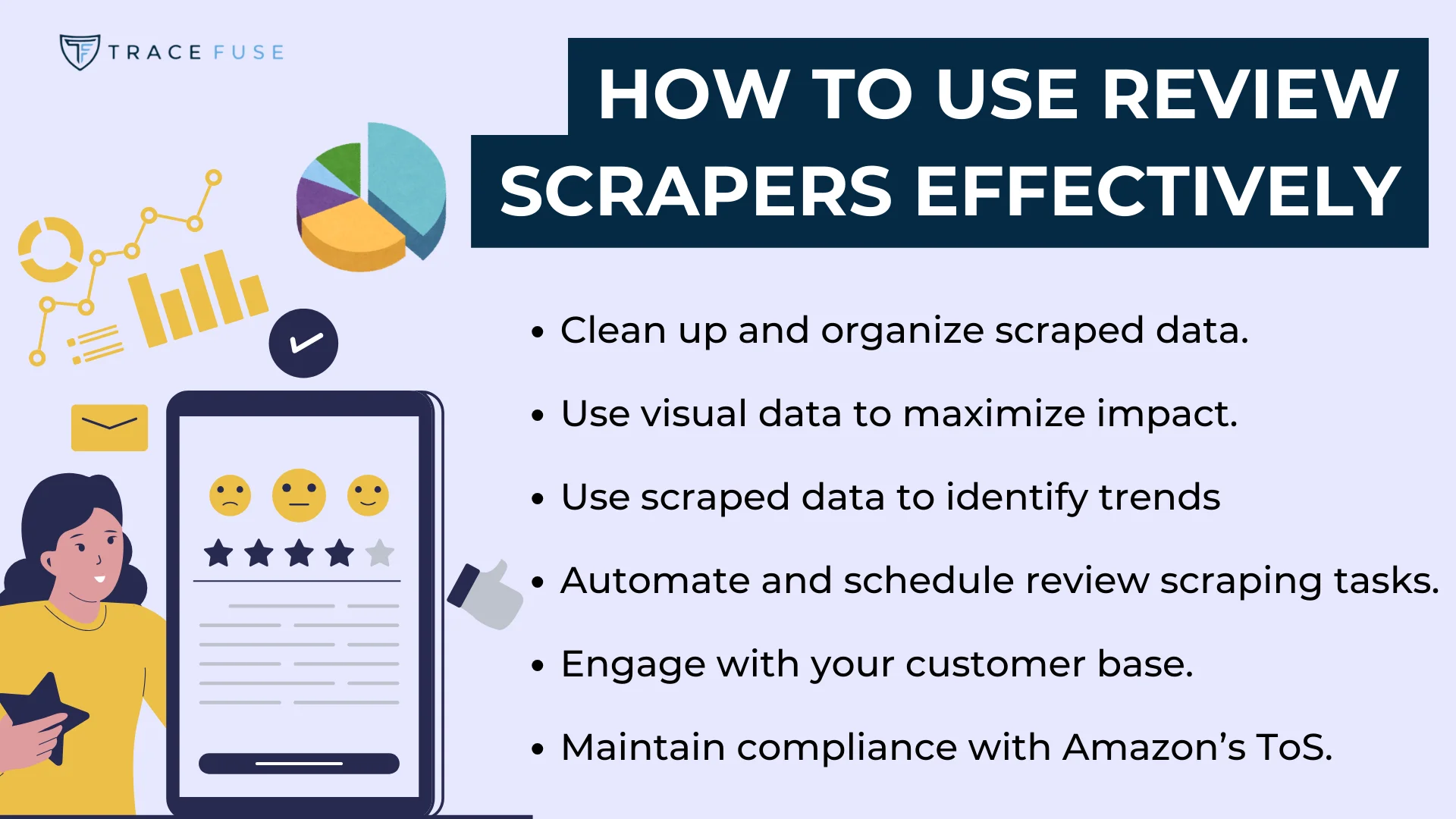 Illustration titled how to use review scrapers effectively. Features a person with a clipboard, a smartphone displaying a review, and icons for analysis. Tips listed include organizing data, using visuals, identifying trends, automating tasks, customer engagement, and compliance.