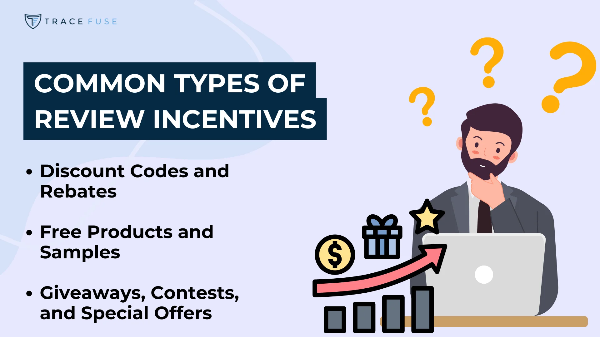 Illustration showing a man thinking at a laptop with question marks above his head. Text box reads common types of review incentives with a list: discount codes and rebates, free products and samples, giveaways, contests, and special offers.