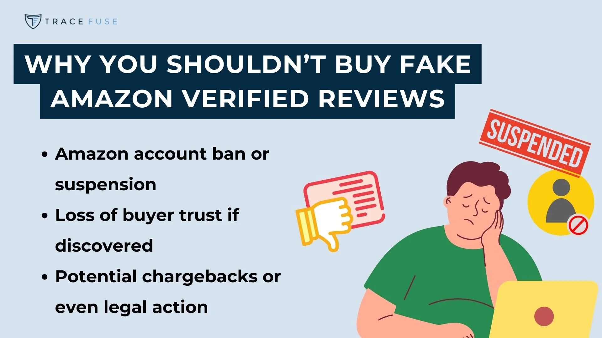 Illustration of a worried person next to a warning sign and a thumbs-down icon. Text reads: why you shouldnt buy fake amazon verified reviews with bullet points on consequences like account suspension, loss of trust, chargebacks, and legal action.