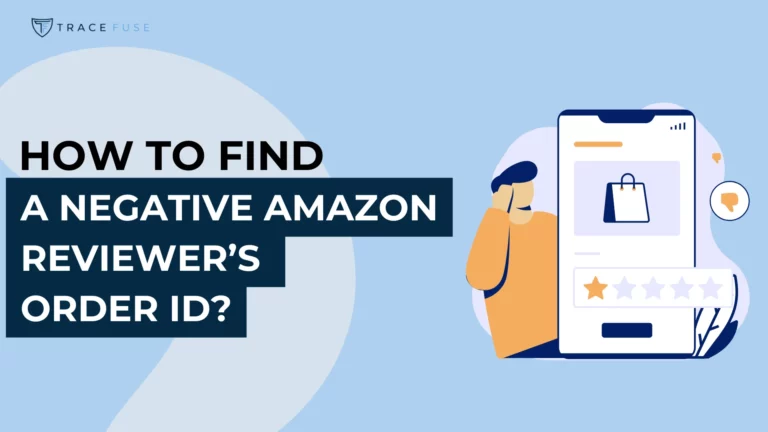 Illustration of a person holding a large smartphone displaying a shopping bag icon and a 5-star rating. Text reads: how to find a negative amazon reviewers order id? Background is light blue.