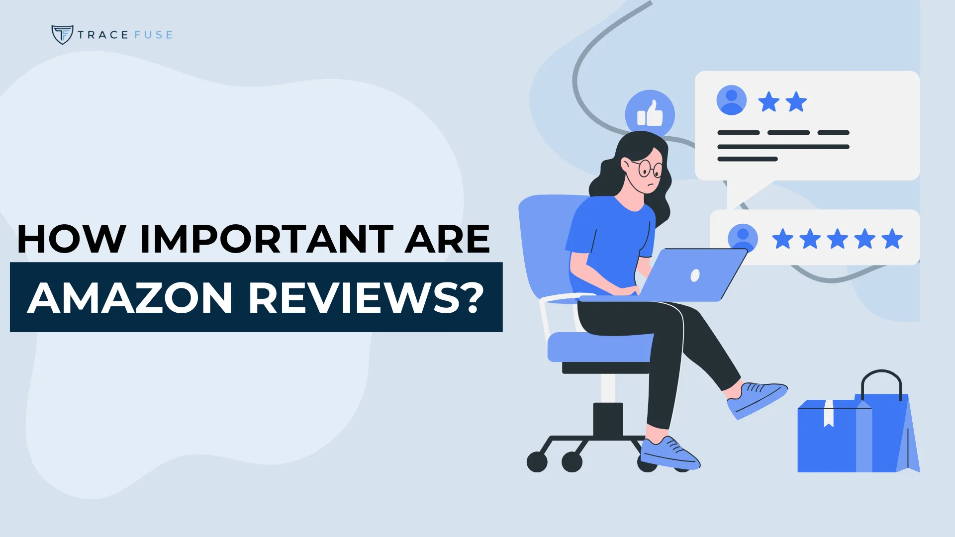 Illustration of a person sitting on an office chair using a laptop. Speech bubbles show a thumbs-up icon and star ratings. Text on the left asks, How important are Amazon reviews? Shopping bags are on the floor.